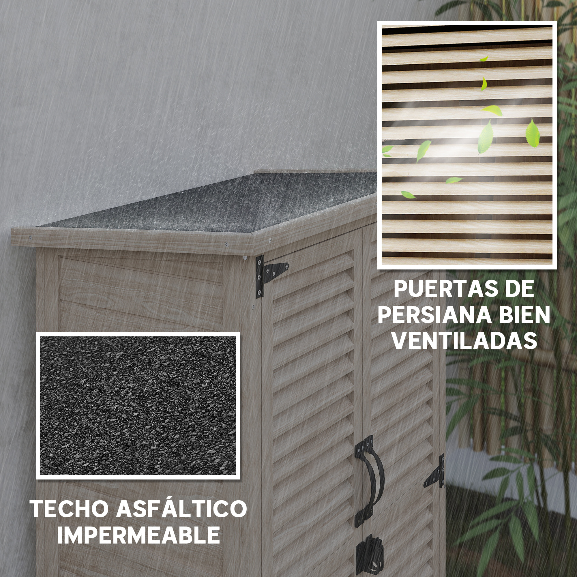 Caseta de Jardín de Madera, 75x50x118 cm, Cobertizo Jardín Exterior, Armario para Almacenaje Herramientas, con 2 Puertas de Persiana 2 Estantes y Techo Impermeable para Patio Terraza, Natural