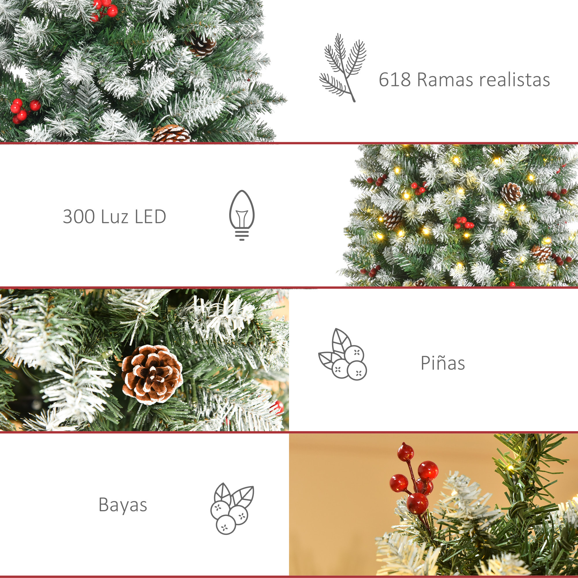 árbol de Navidad Nevado Artificial 180 cm con 300 Luces LED Blanco Cálido 618 Ramas Ignífugas de PVC Decoraciones Incluidas y Base Plegable Ø65x180 cm Verde