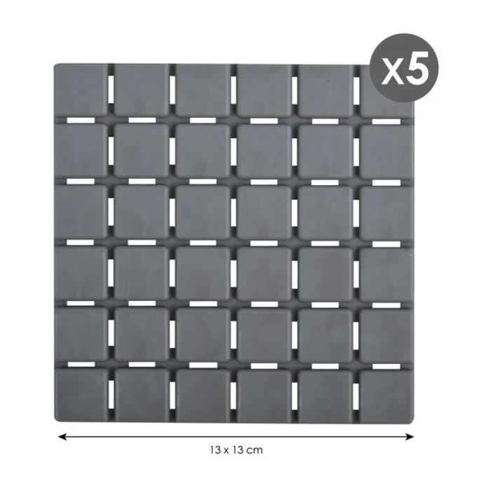 Lot de 5 Tapis antidérapants de douche ou baignoire Caoutchouc QUADRO 13x13cm Gris MSV