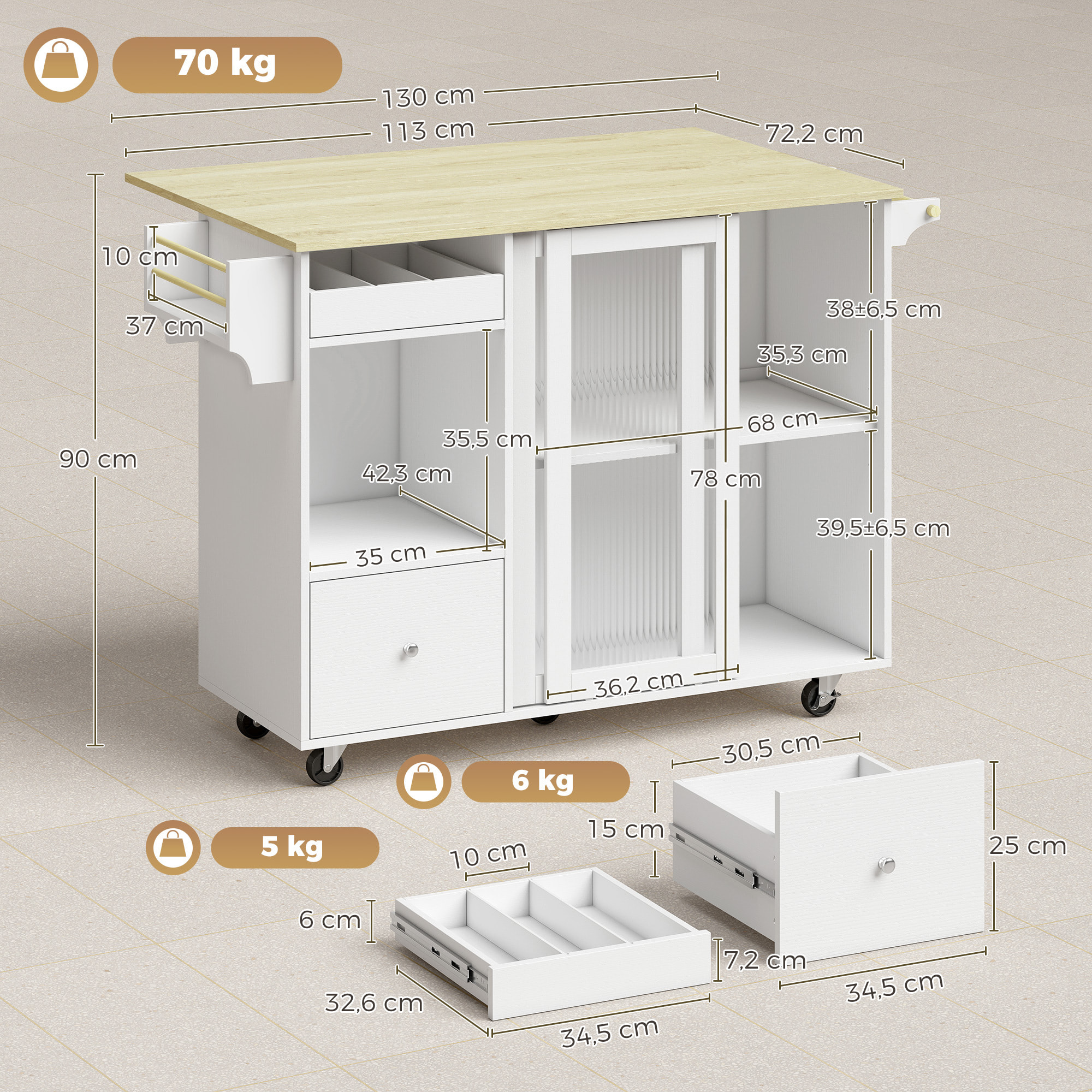Isla de Cocina con Encimera Abatible, Carrito de Cocina con Puertas Correderas de Vidrio, Botellero, Ruedas, Cajón, Especiero y Estante Ajustable, Blanco y Roble