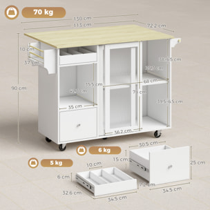 Isla de Cocina con Encimera Abatible, Carrito de Cocina con Puertas Correderas de Vidrio, Botellero, Ruedas, Cajón, Especiero y Estante Ajustable, Blanco y Roble
