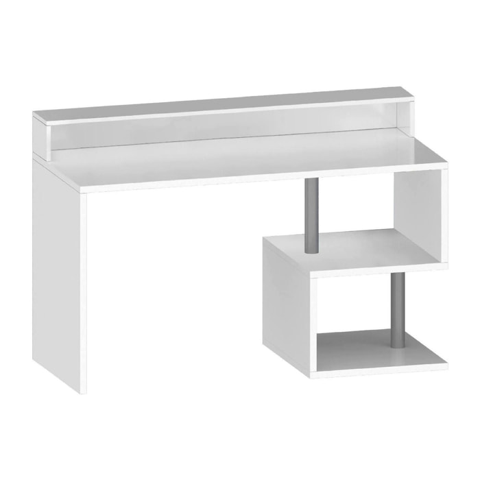 Scrivania Yemyin, Scrittoio lineare con ripiani portaoggetti e luci LED, Scrivania ufficio multiuso con sopralzo, 140x60h93 cm, Bianco