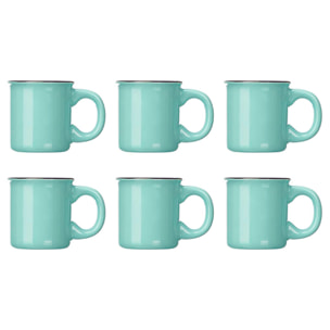 Set de 6 tazas verde menta para café de porcelana con soporte de metal. 100 ml de capacidad.