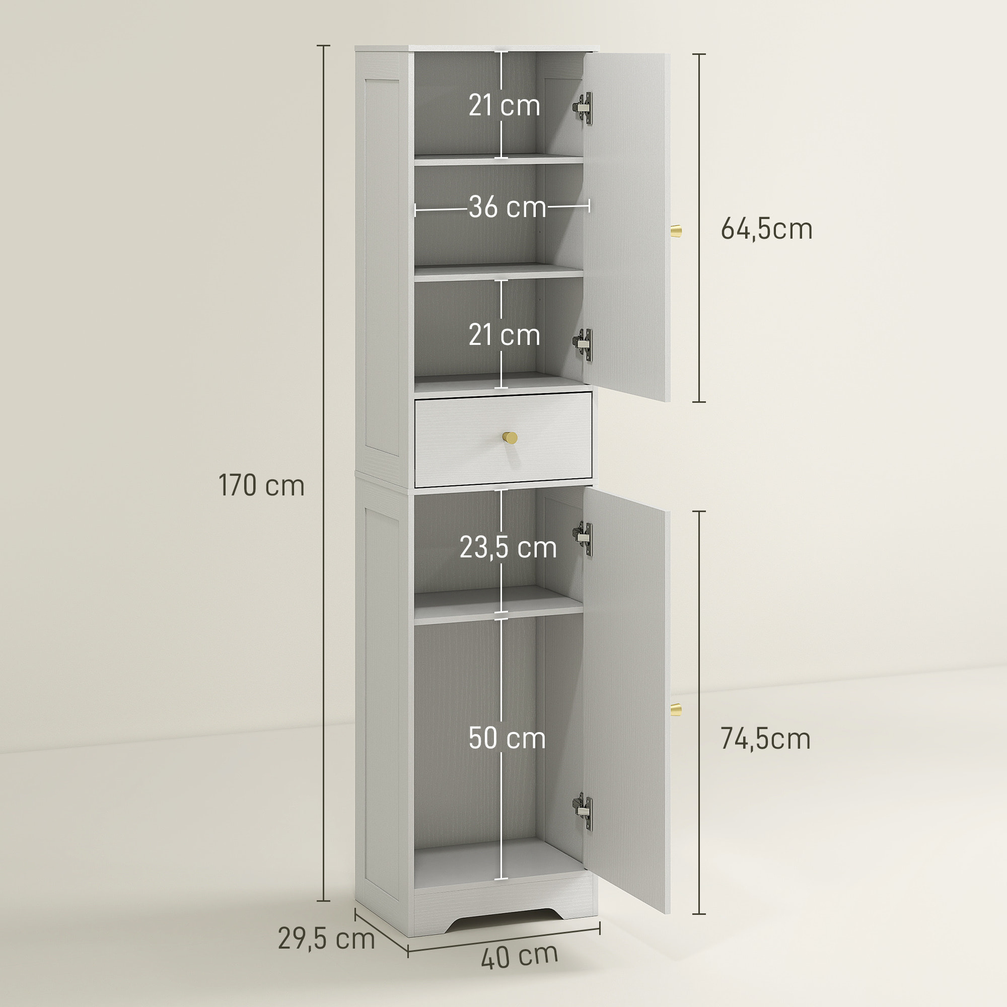 Colonne salle de bain design - 2 portes, 3 étagères, tiroir - dim. 40 x 29,5 x 170 cm - blanc doré