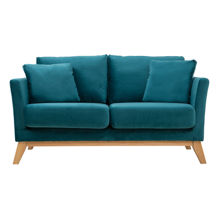 Canapé scandinave déhoussable 2 places en tissu velours bleu pétrole et bois clair OSLO