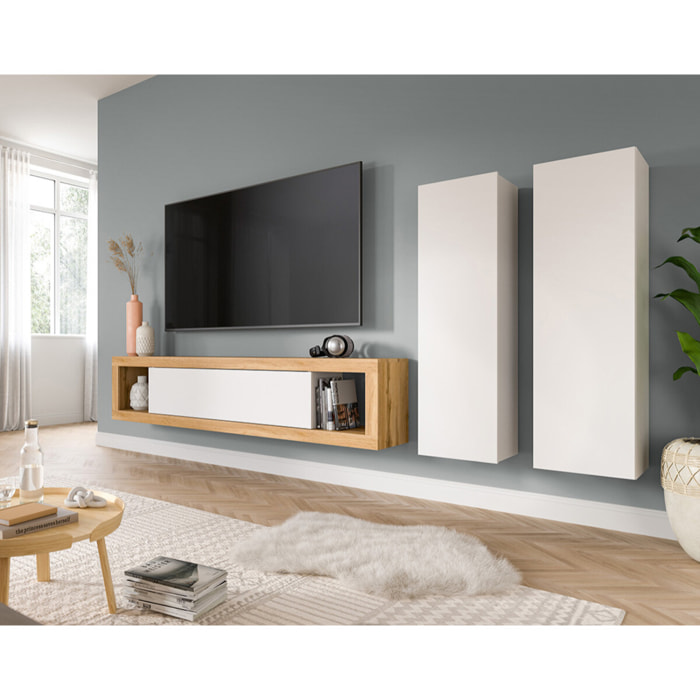 Ethan – meuble tv 180 cm + 2 armoires murales 110 cm - bois et blanc - Bois / Blanc
