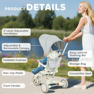 Tricycle enfant pliable évolutif 5 en 1 poignée telescopique auvent amovible marron crème