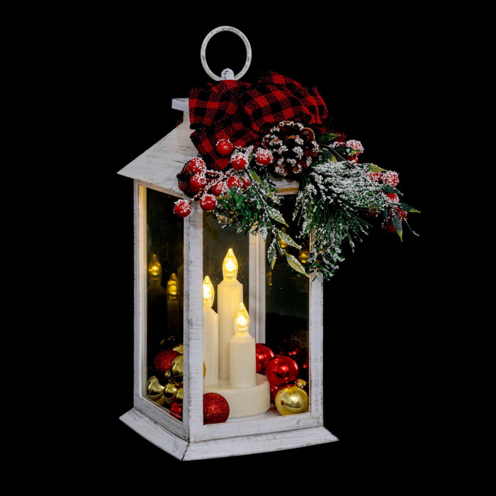 Farolillo decorativo navideño con luz led cálida - imitación velas en diseño blanco con lazo y ramitas h.29cm