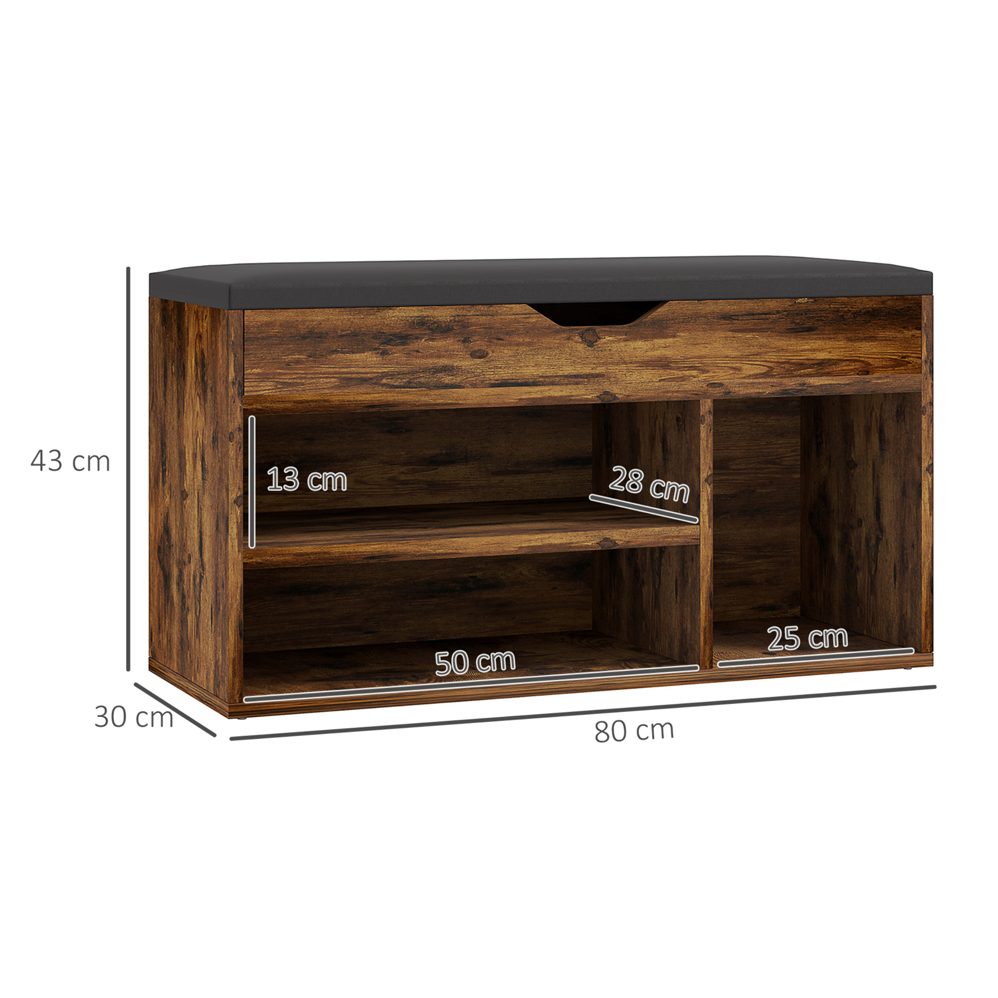 Meuble chaussures banc à chaussures 2 niveaux rangement, niche, coffre coussin noir effet bois