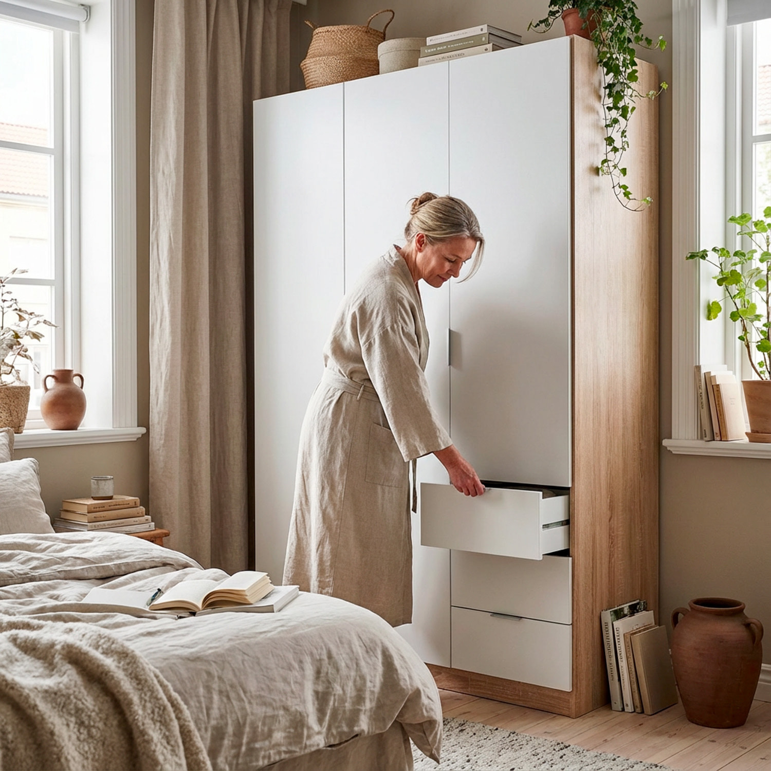 Armadio Guardaroba 3 Ante Con Asta Appendiabiti 3 Ripiani E 3 Cassetti Stile Nordico Salvaspazio Camera Da Letto 121 x 52 x 180 Cm Bianco E Rovere