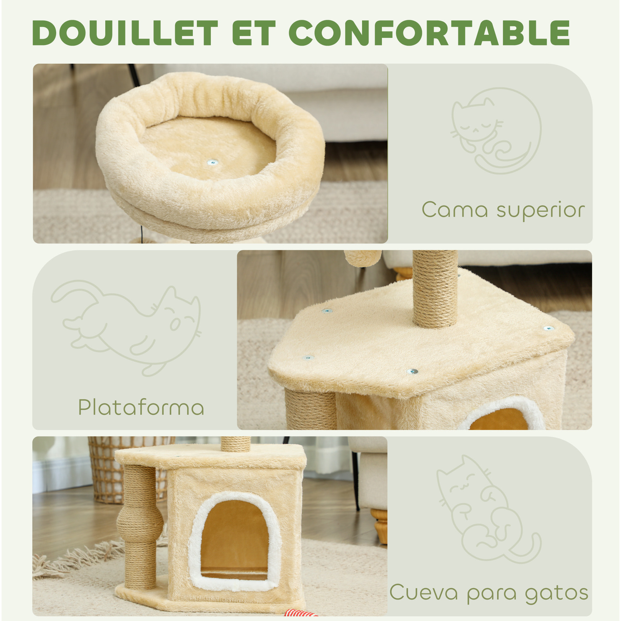 Árbol Rascador para Gatos Altura 66 cm Árbol para Gatos Torre para Gatos con Cama Cueva Plataforma Bola Colgante y Poste de Yute Beige