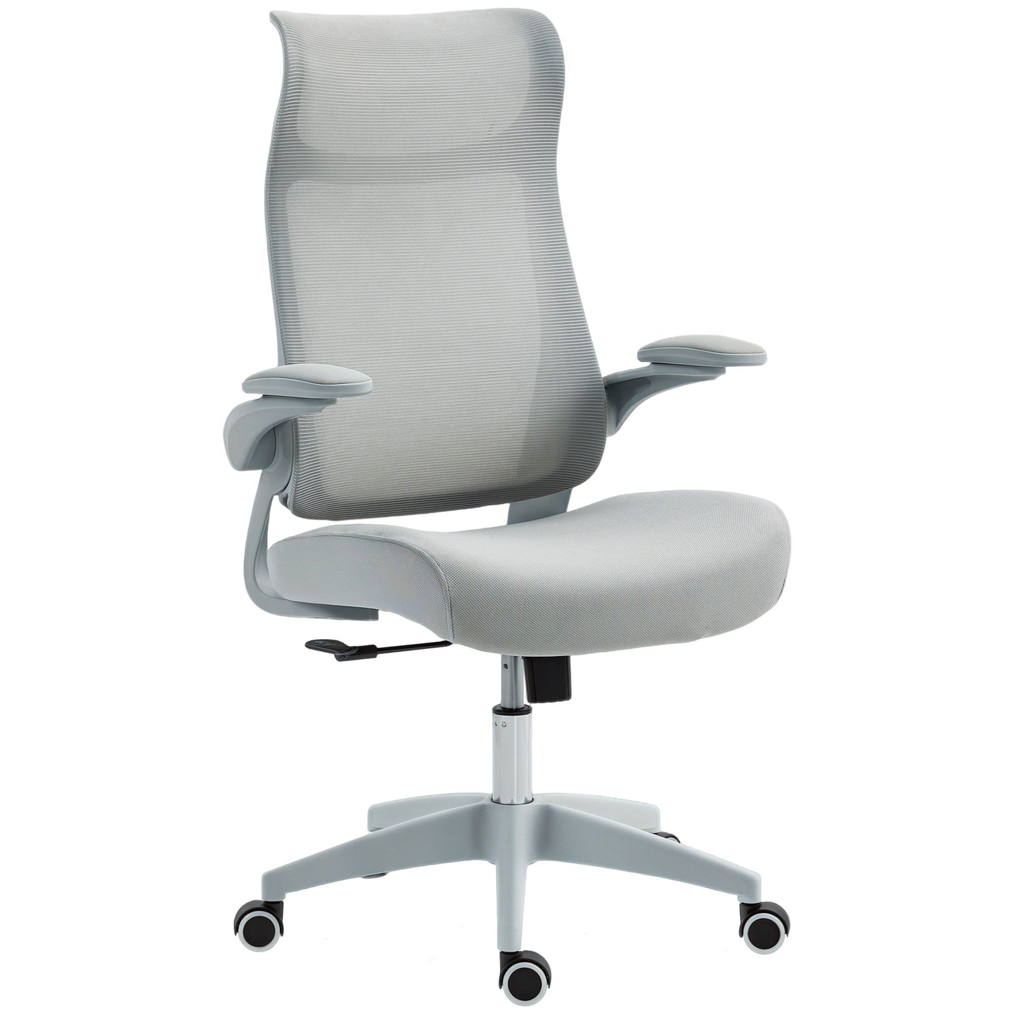 Silla de Oficina Ergonómica Giratoria, con Soporte Lumbar y Reposabrazos 3D Abatibles, Silla de Escritorio de Malla con Reposacabezas Integrado, Función Basculante, Altura Ajustable, Gris