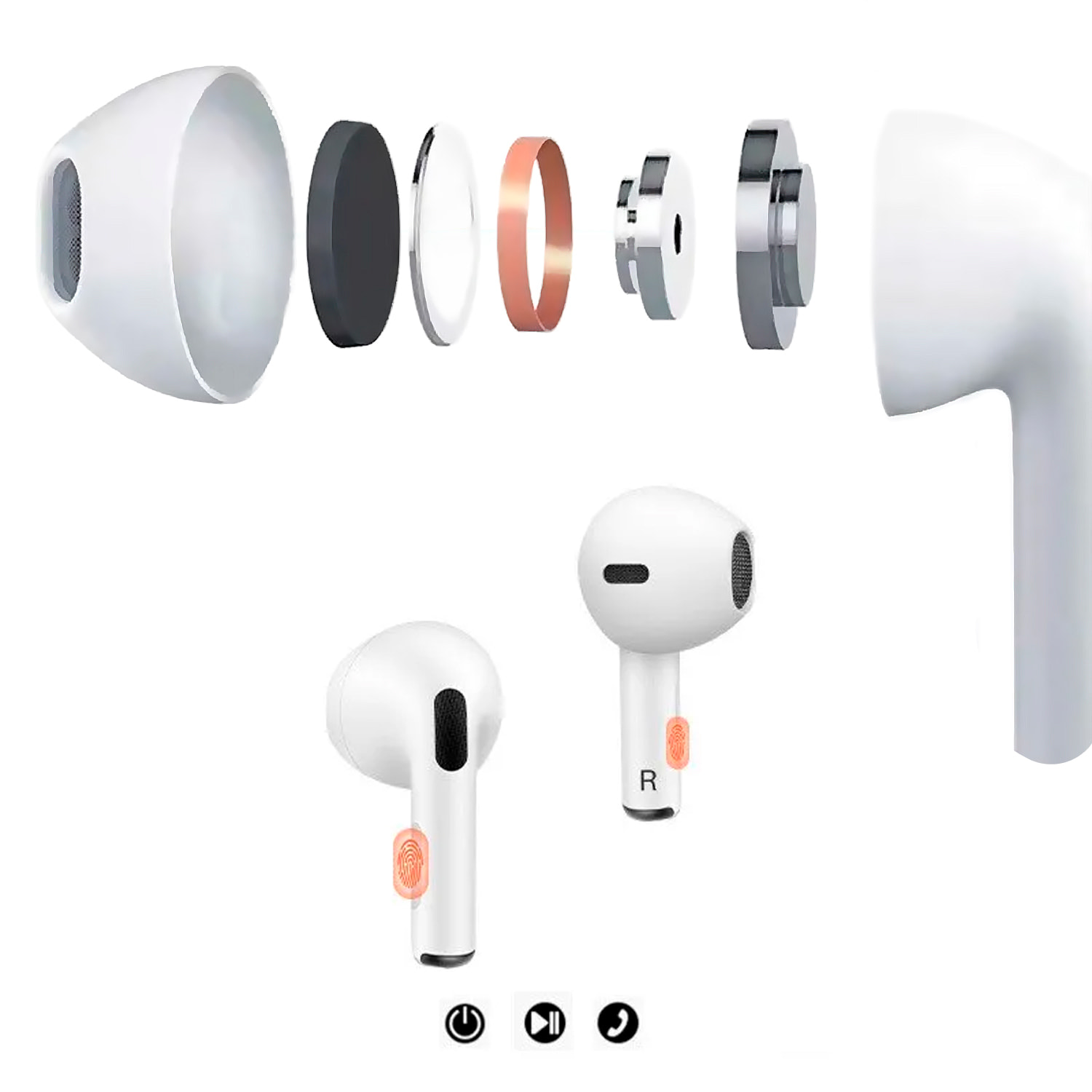 Cuffie TWS R6, Bluetooth 5.2. Controllo touch per musica e chiamate.