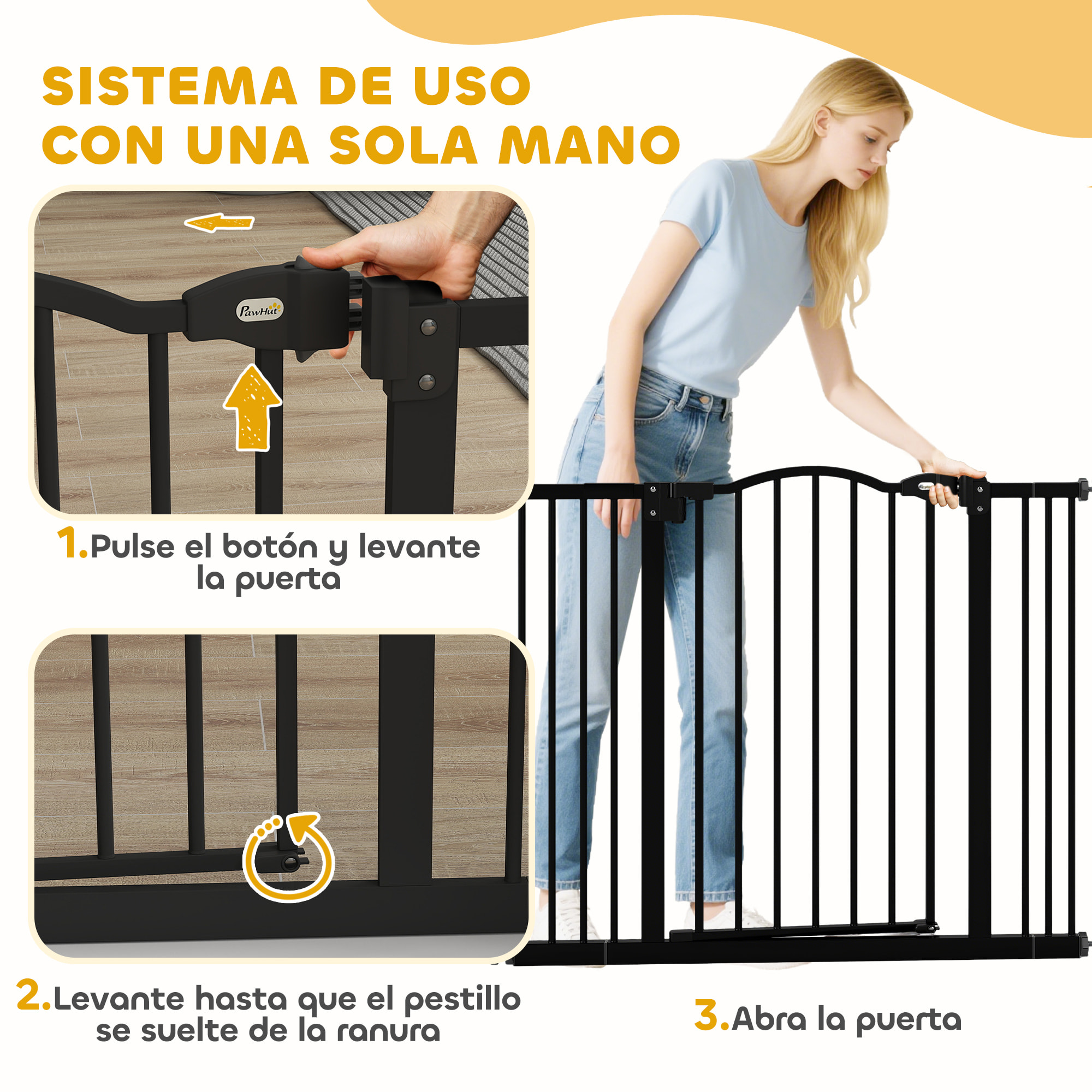 Barrera de Seguridad para Perros Extensible 74-100 cm, para Puertas y Escaleras, Barrera para Perros con 2 Extensiones 7/14 cm, Montaje a Presión y Doble Bloqueo, Negro