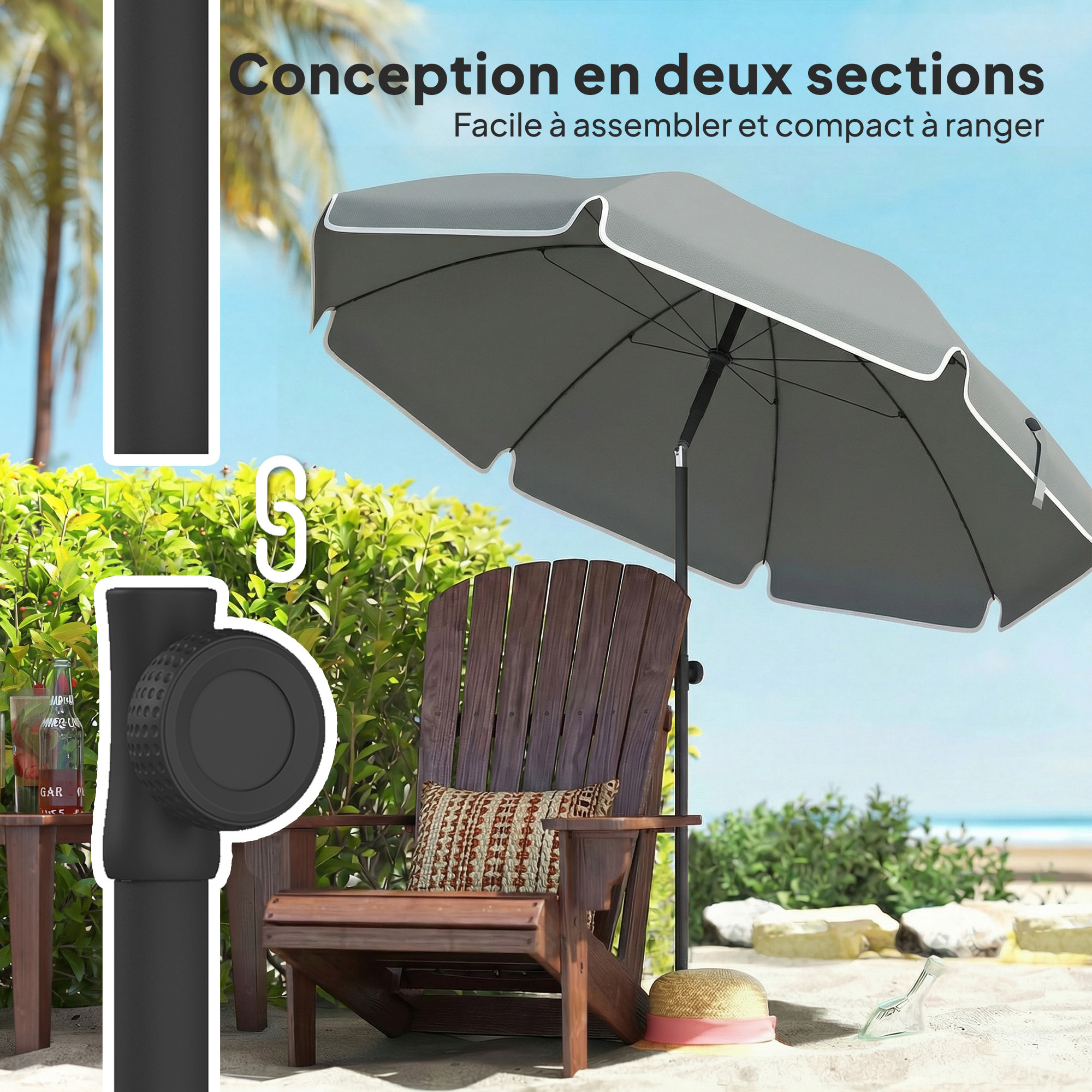 Parasol de plage inclinable dia. 1,5 m lambrequin vagues douces liseret blanc gris