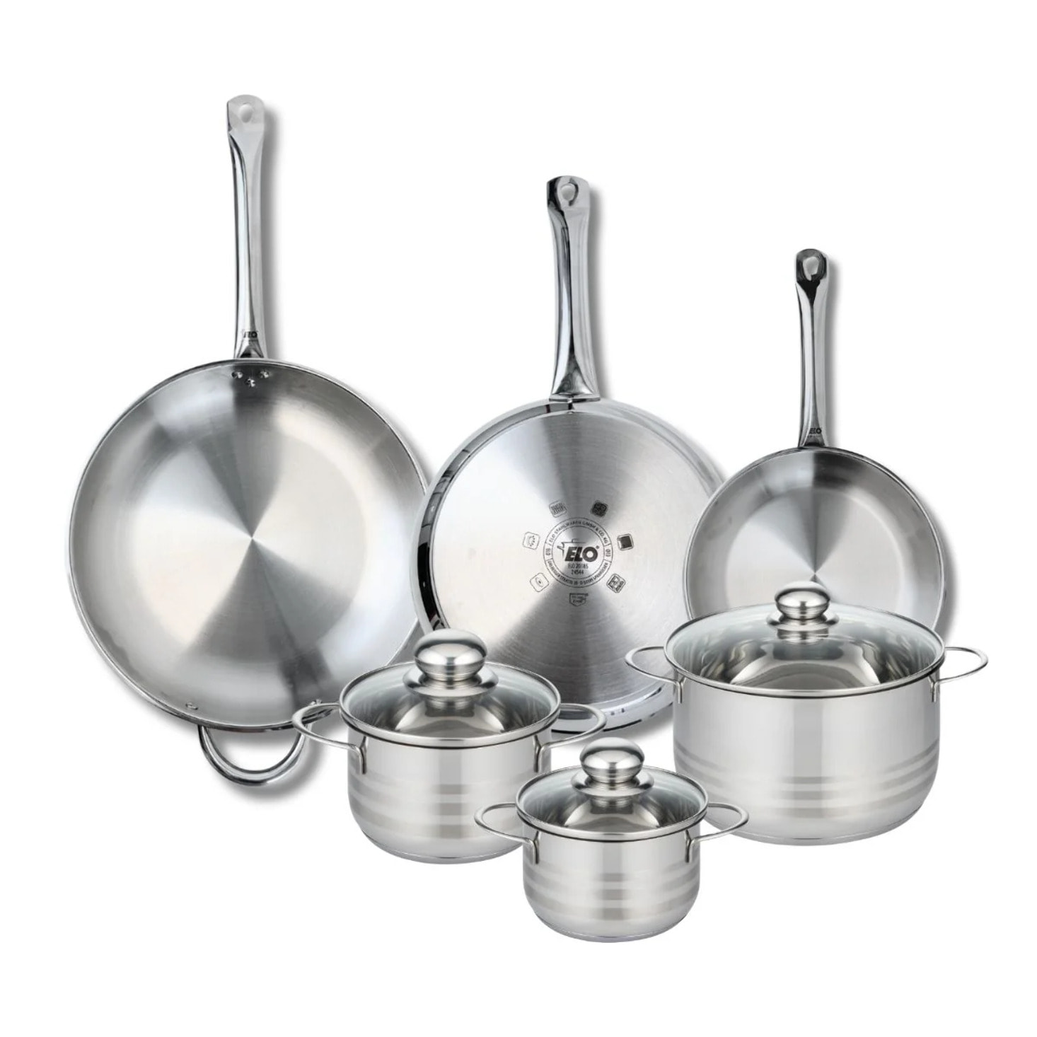 Ensemble de 3 Poêles de cuisson 24, 28 et 32 cm et 3 faitouts 14, 16 et 20 cm Elo Profi Brillant