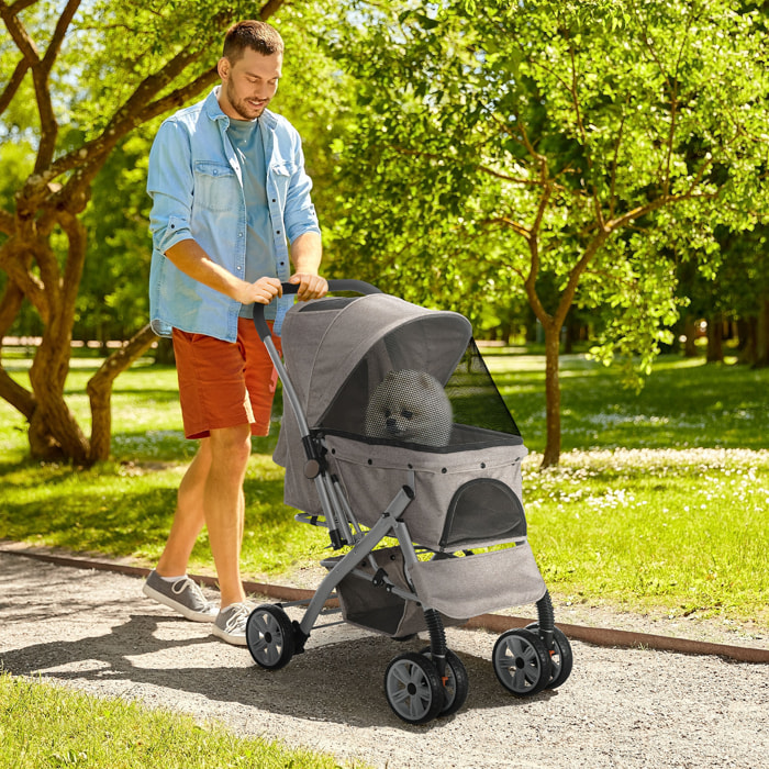 Poussette buggy pliable chien chat panier et sac de rangement attaches sécurité housse réglable poignée réversible acier Oxford marron chiné noir