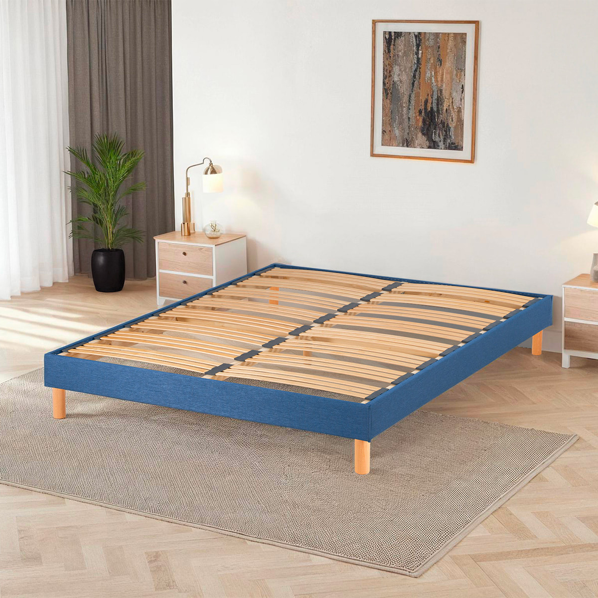 Sommier Lumière Technologie Tri-Lattes, tissu bleu marine, Bois Épicéa, H30 cm, Lattes Actives, Aération Optimale