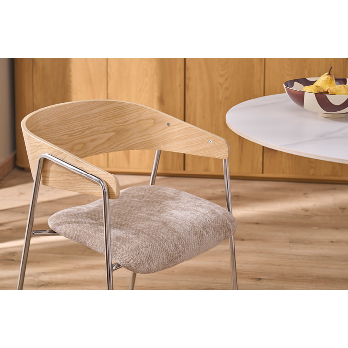 Chaises en tissu effet velours texturé taupe, bois clair et métal chromé (lot de 2) FANELY