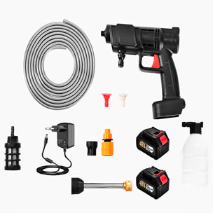 Pistola de lavado a presión con doble batería recargable, 3 adaptadores de lavado diferentes, 300W de potencia y 30 bares de presión.