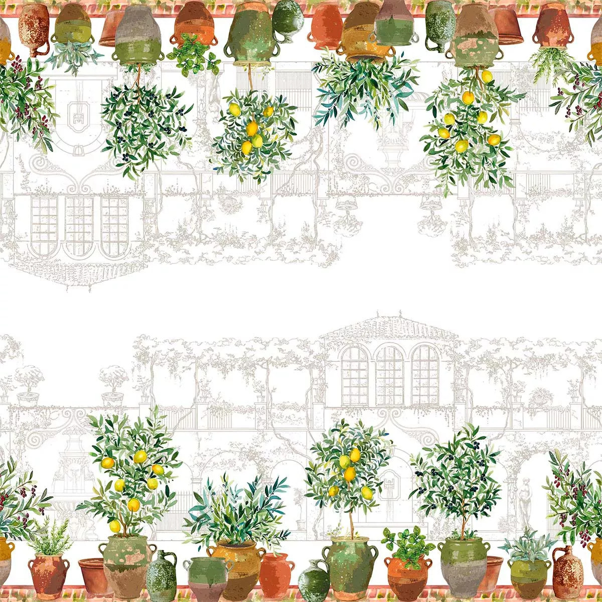 Nappe lin & coton lavé 190 g/m² imprimé vert marron Jardin provencal olive