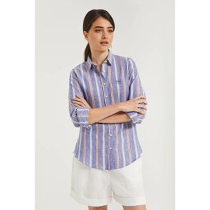 Camicia in lino e cotone a righe larghe con particolare ricamato sul petto