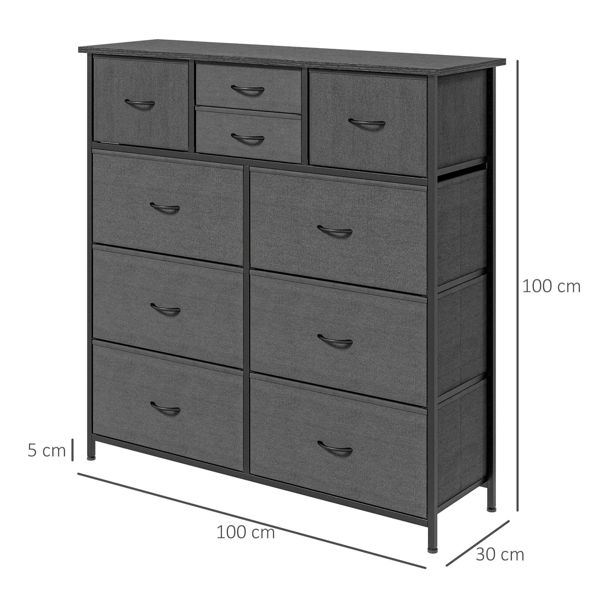 Meuble de rangement commode 10 tiroirs plateau acier MDF non tissé noir