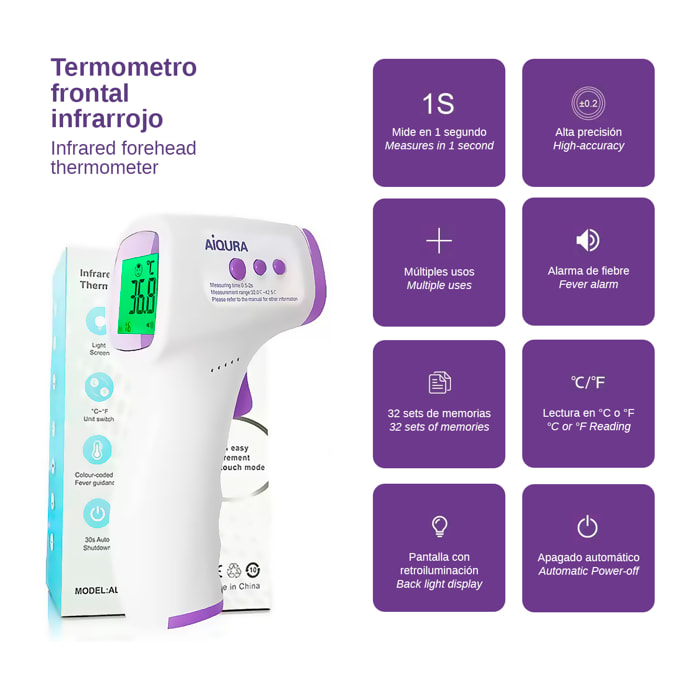 Termómetro frontal infrarrojo AD801 con medición en 0,5 segundos y alta precisión. Modos de temperatura corporal y superficies con pantalla LCD, memoria de registros con alerta visual y sonora.