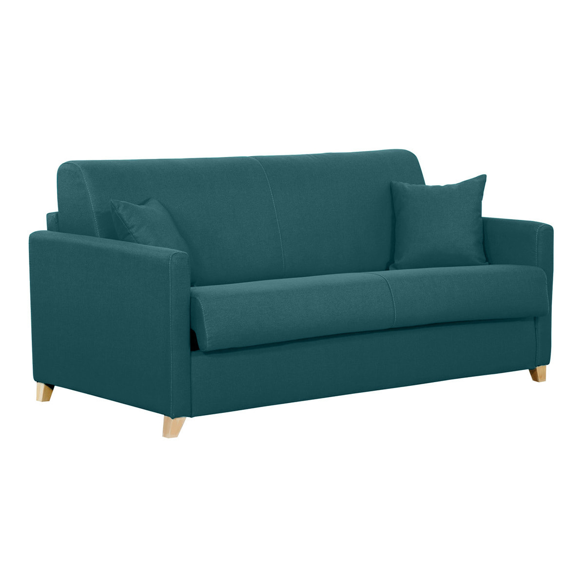 Canapé convertible 3 places en tissu bleu canard et bois clair avec matelas 18 cm SKANDY
