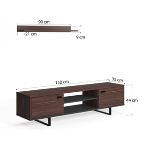 Mobile da soggiorno porta TV con due ante e due ripiani, cm 150 x 35 x 44, colore noce e antracite