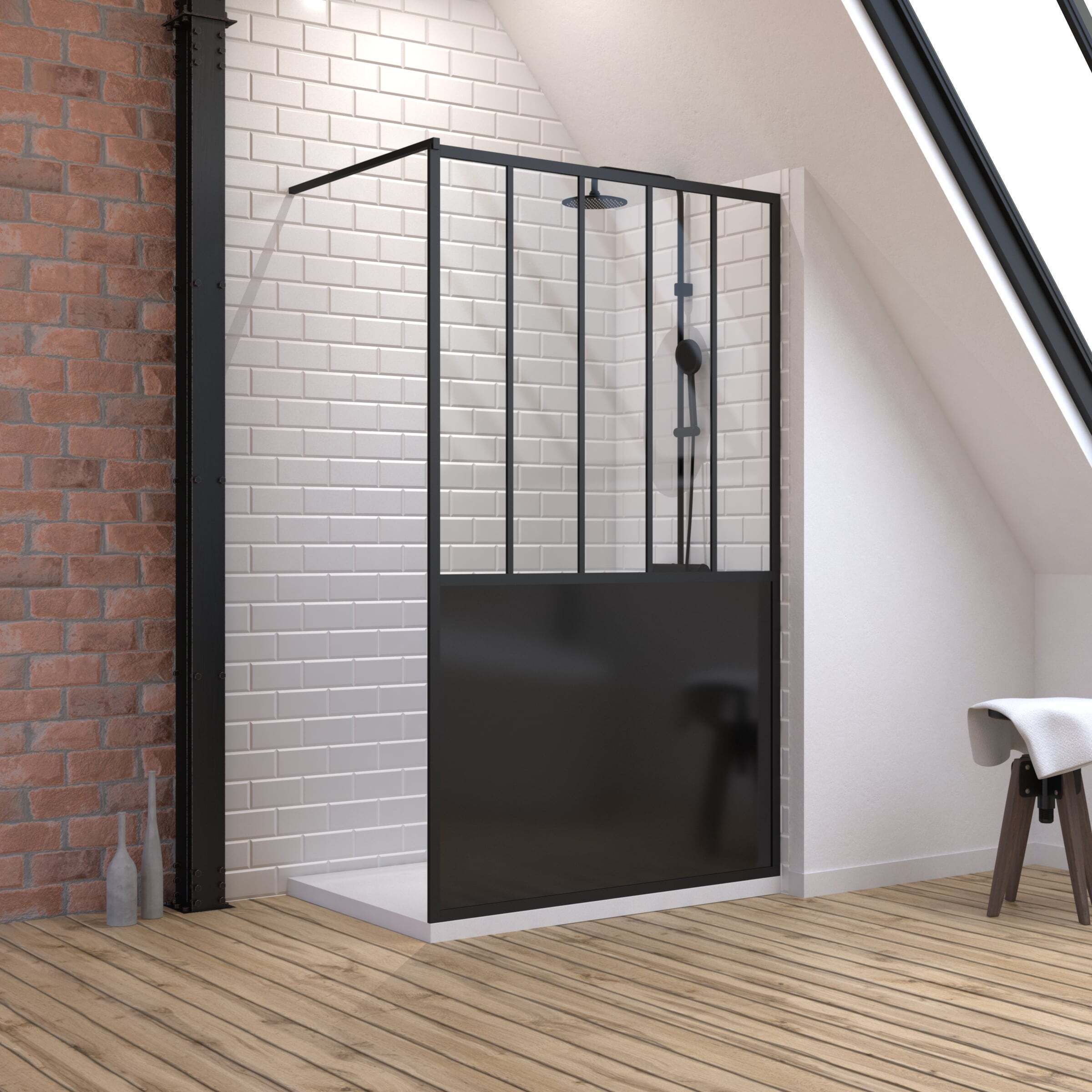 Pack Paroi de douche 120x200 cm noir mat - verre trempe 5mm + RECEVEUR A POSER RECTANGLE 120x80