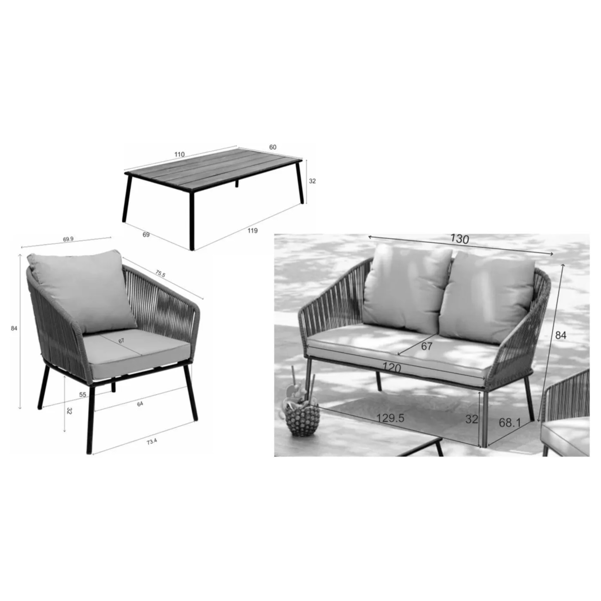 Salon de jardin Elba 4 places gris Kare Design