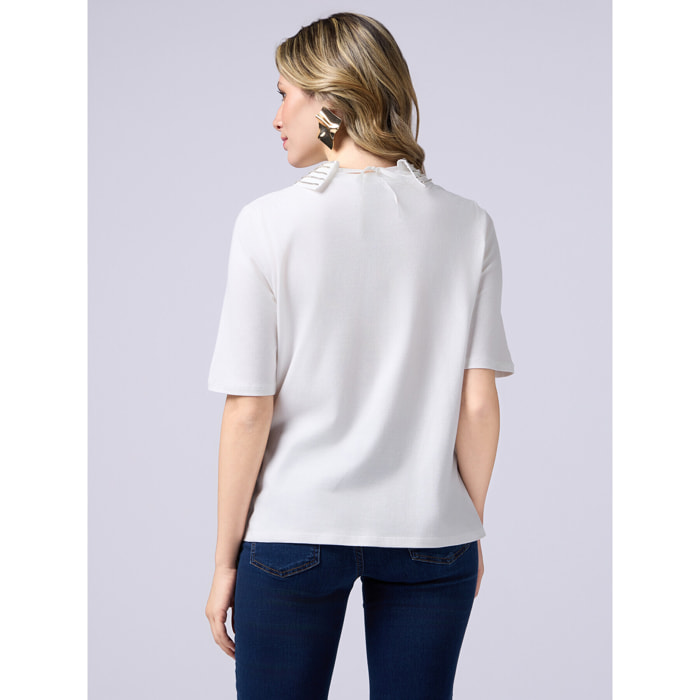 Oltre - T-shirt maniche corte con colletto gioiello - Bianco