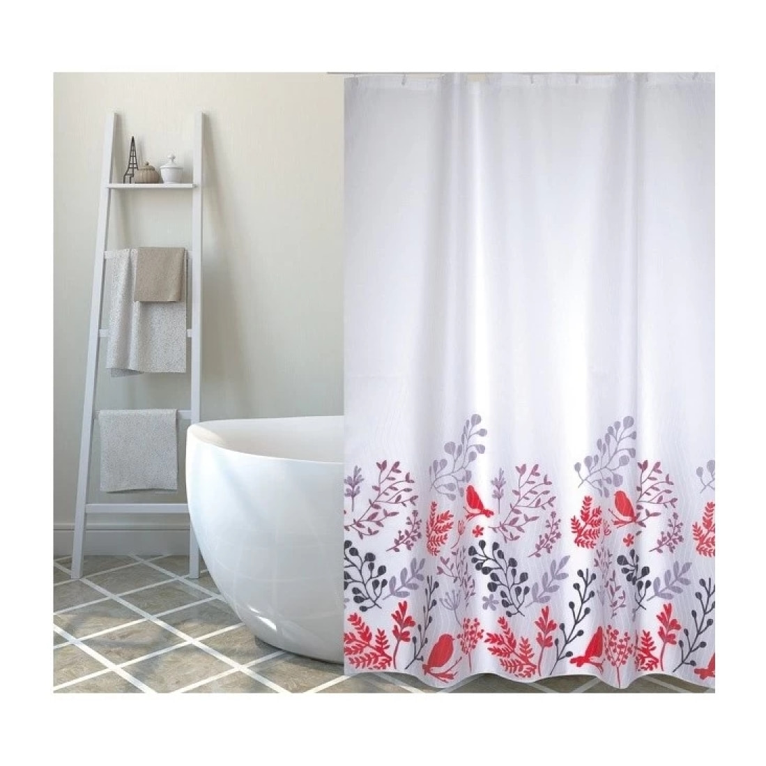 Rideau de douche Polyester BIRDS 180x200cm QUALITà PREMIUM Motifs Rouge & Blanc - Anneaux inclus MSV