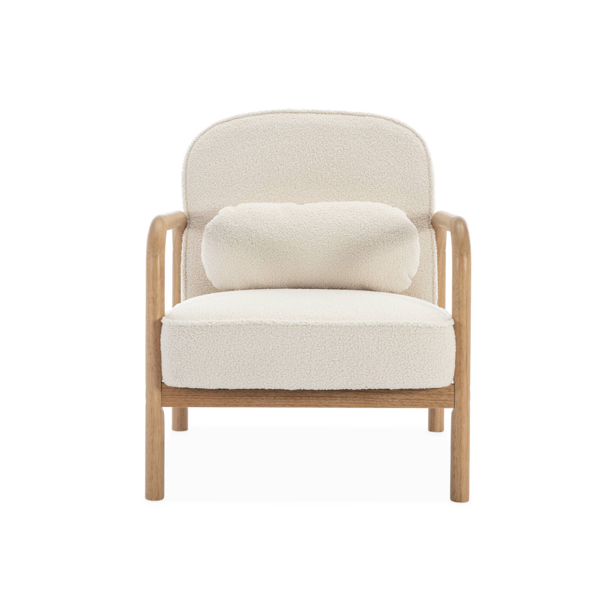 Fauteuil scandinave bois d'hévéa et dossier arrondi en bouclette blanche - AMELIE