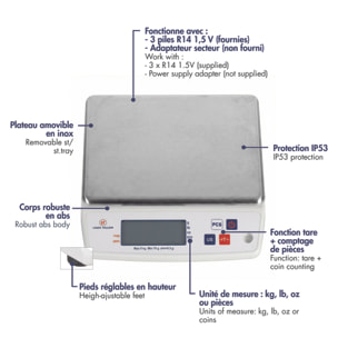 Balance électronique professionnelle - 5kg - IP53 - précision 0,5g - plateau amovible 22 x 16,5 cm