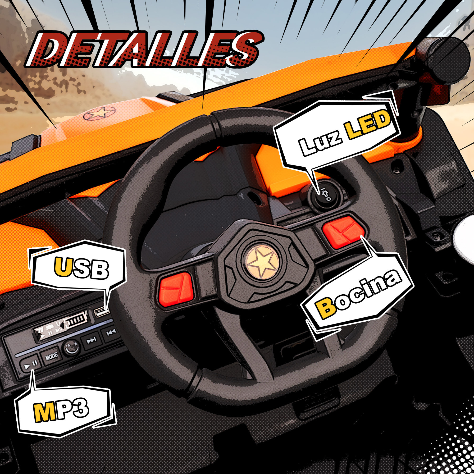 Coche Eléctrico para Niños 12V, Coche de Batería UTV con 2 Motores, Control Remoto 2,4G, Velocidad hasta 7 km/h, Sistema de Suspensión, Faros, USB, para Niños de +3 Años, Naranja