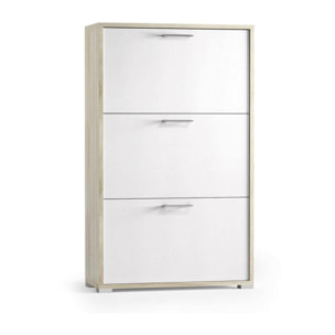 Scarpiera Peonia, Mobile multiuso da ingresso con 3 ante a ribalta, Armadietto portascarpe a doppia profondità, 100% Made in Italy, Cm 67x28h112, Bianco e Olmo