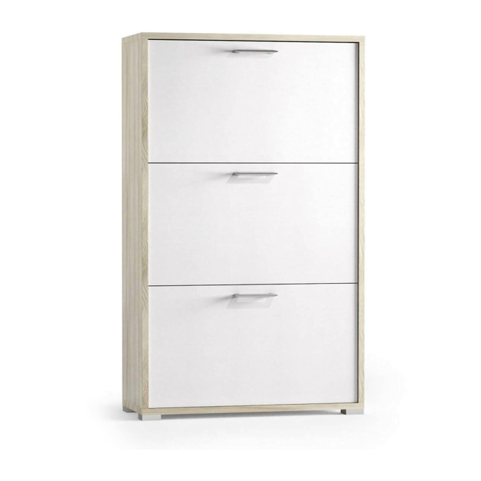 Scarpiera Peonia, Mobile multiuso da ingresso con 3 ante a ribalta, Armadietto portascarpe a doppia profondità, 100% Made in Italy, Cm 67x28h112, Bianco e Olmo