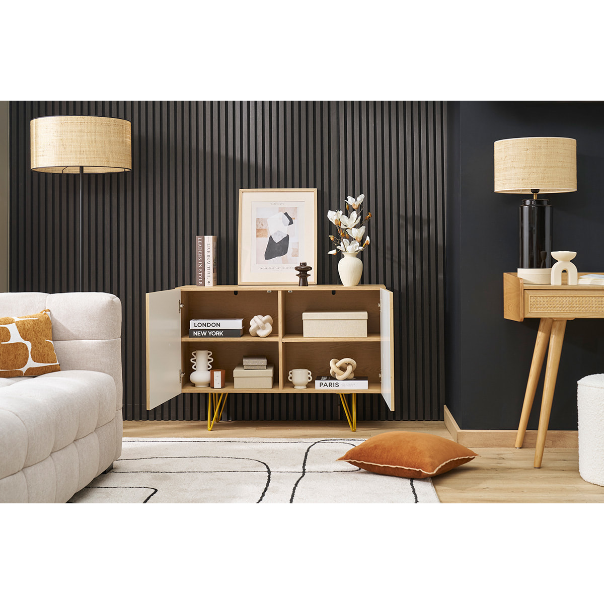 Buffet design gravé finition bois clair chêne et métal doré 2 portes L107 cm OZEN