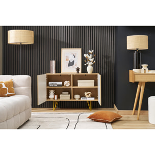 Buffet design gravé finition bois clair chêne et métal doré 2 portes L107 cm OZEN