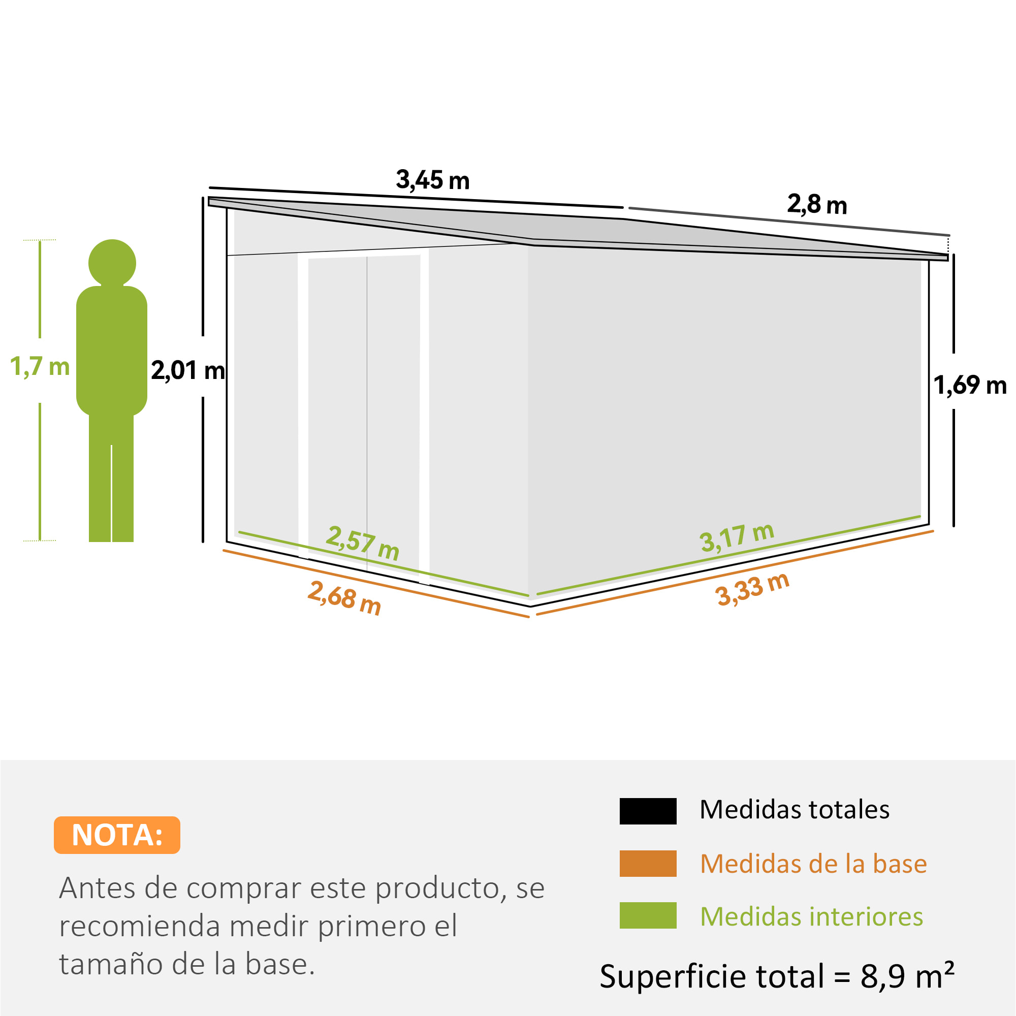 Cobertizo de Jardín Exterior 8,9 m² 280x345x201 cm Caseta de Jardín Exterior Metálica con 2 Puertas Corredizas y 2 Ventanas para Almacenamiento de Herramientas Verde