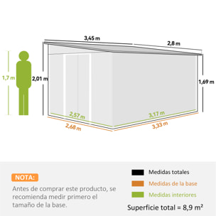 Cobertizo de Jardín Exterior 8,9 m² 280x345x201 cm Caseta de Jardín Exterior Metálica con 2 Puertas Corredizas y 2 Ventanas para Almacenamiento de Herramientas Verde