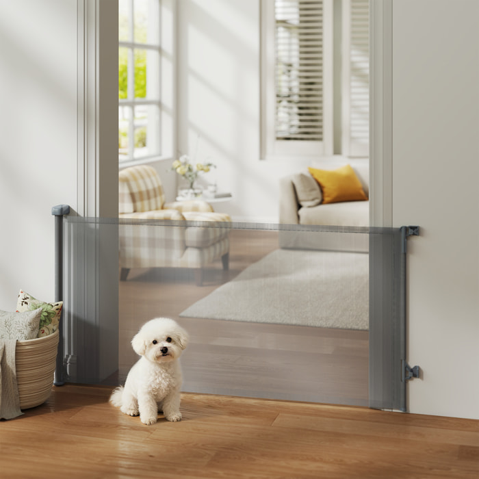 Barrera de Seguridad para Perros Retráctil, Extensible hasta 180 cm de Ancho y 93 cm de Alto, para Escaleras y Puertas, Valla para Perros Pequeños y Medianos, Uso con Una Sola Mano, Gris