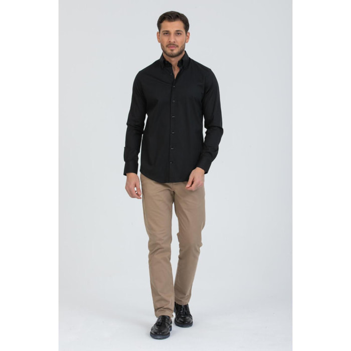 Camicia Uomo 2 Bottoni Button Down Slim Popeline Stretch Unito Nero