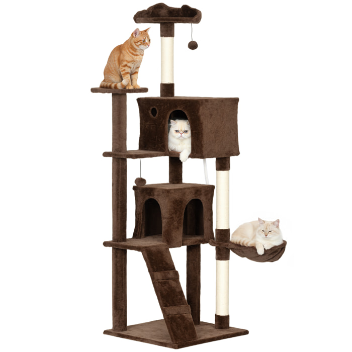 Árbol Rascador para Gatos, Árbol para Gatos 180 cm, Torre Escalador con Múltiples Plataformas, Cama, 2 Cuevas, Hamaca, Escalera, Postes de Sisal, Bolas para Jugar, Marrón