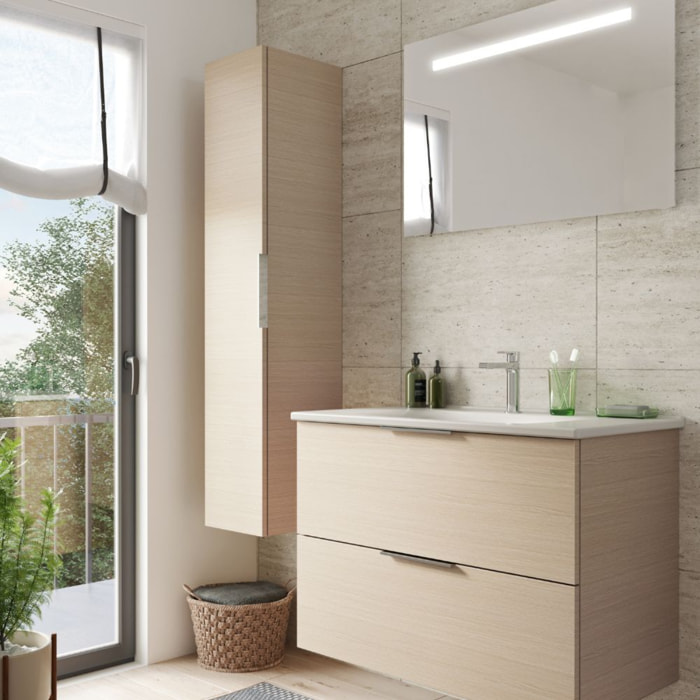 Meuble vasque 90 cm BURGBAD Olena chêne clair + miroir + colonne de salle de bain