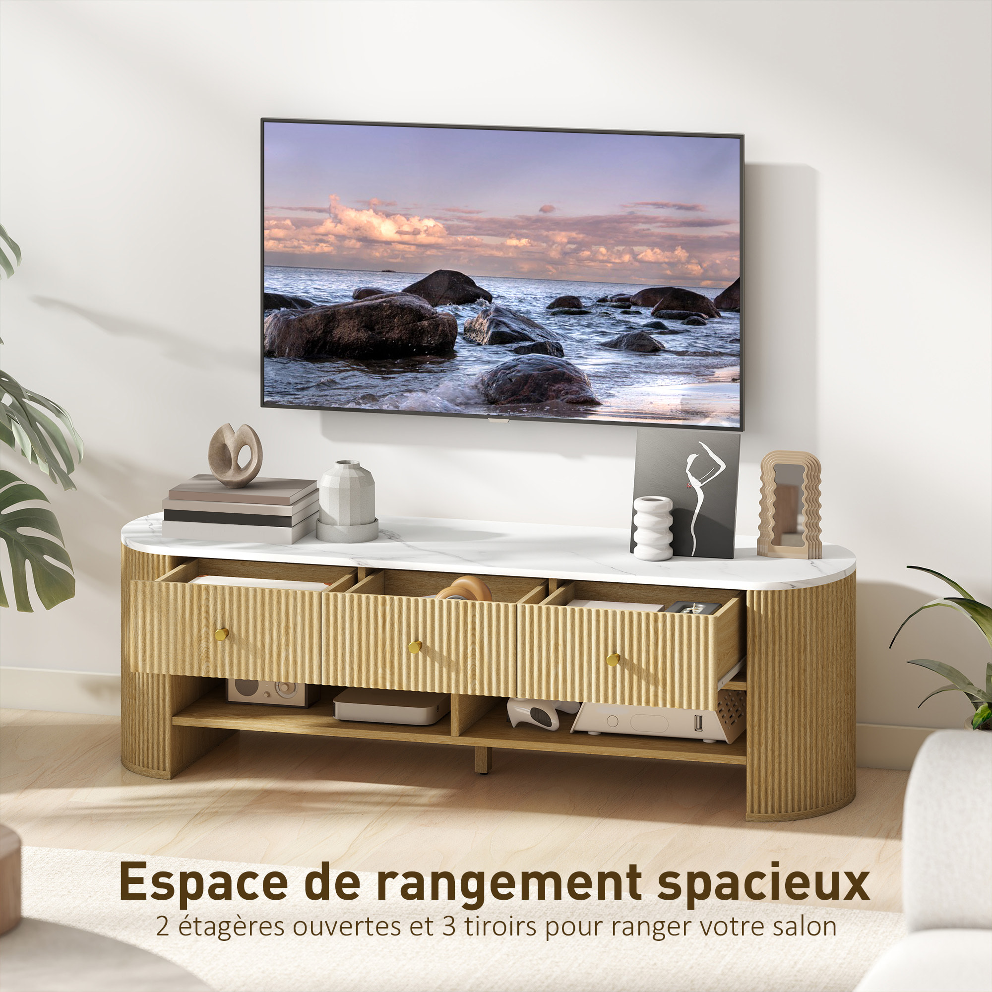 Meuble TV design ovale effet marbre blanc 140 x 40 x 43 cm 3 tiroirs 2 niches aspect bois clair