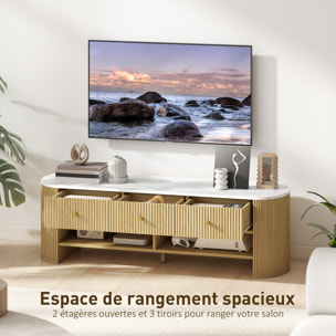 Meuble TV design ovale effet marbre blanc 140 x 40 x 43 cm 3 tiroirs 2 niches aspect bois clair