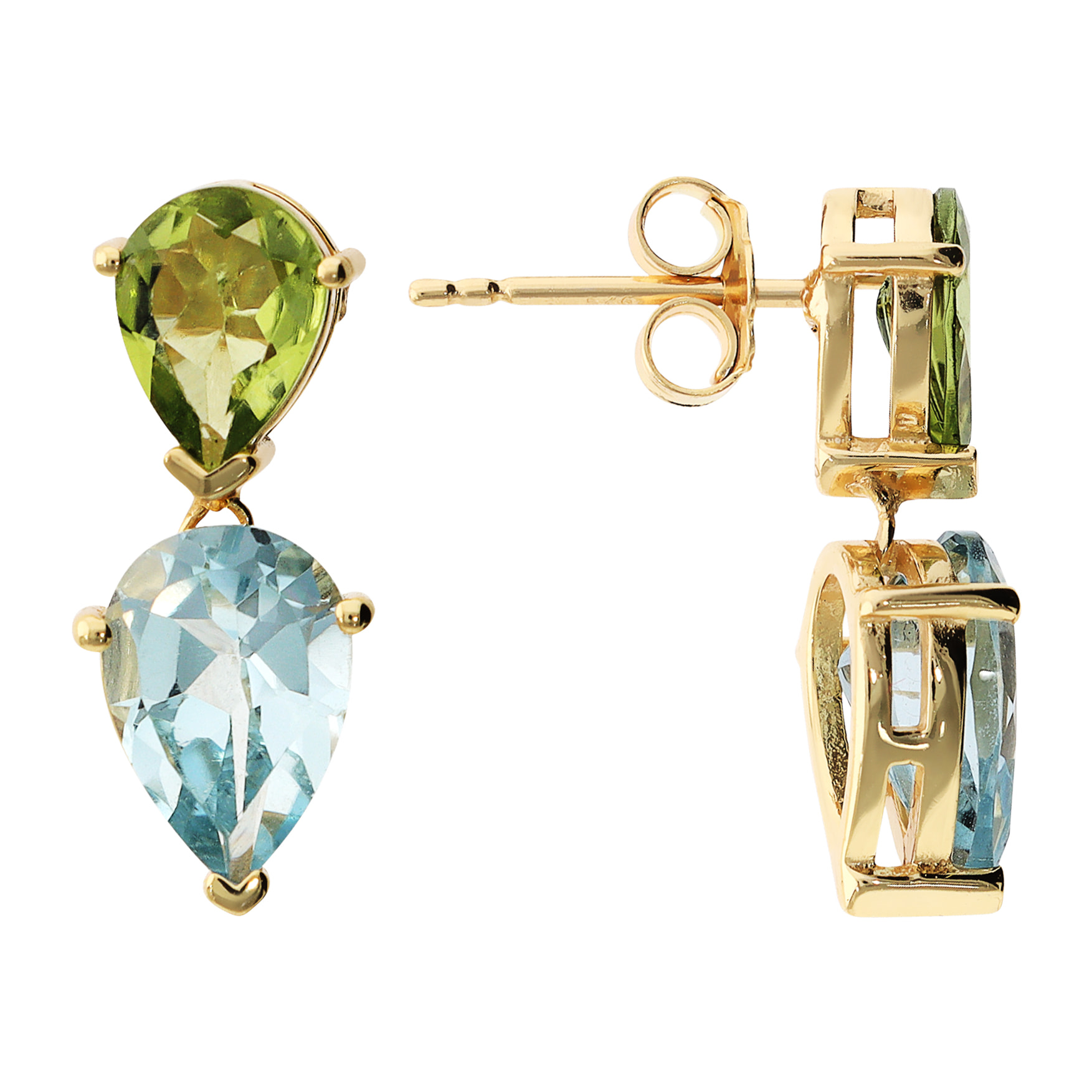 Orecchini Pendenti a Goccia in Argento 925 placcato Oro Giallo 18Kt con Peridoto Verde e Topazio Blu